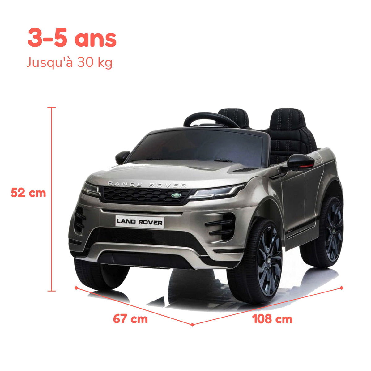 Dimensions du Range Rover Evoque enfant : 108 × 67 × 52 cm, de 3 à 5 ans, jusqu'à 30 kg