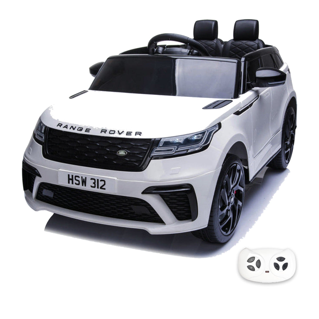Range Rover Velar blanc, voiture électrique enfant 12V, vue trois quarts avant avec sa télécommande