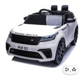 Range Rover Velar blanc, voiture électrique enfant 12V, vue trois quarts avant avec sa télécommande
