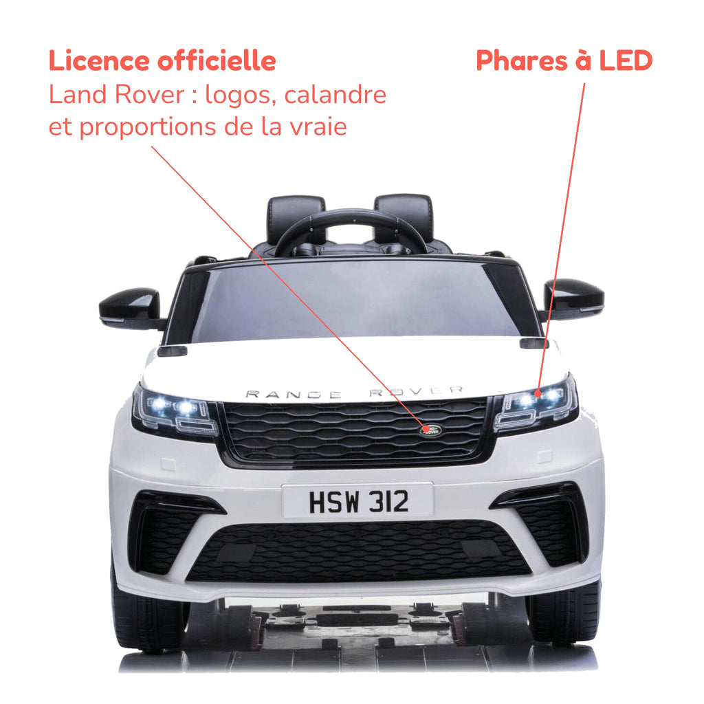 Range Rover Velar blanc enfant sous licence officielle Land Rover, phares à LED