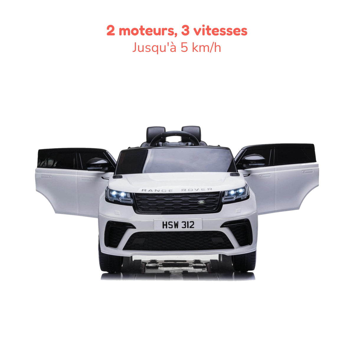 Range Rover Velar blanc enfant, 2 moteurs et 3 vitesses jusqu'à 5 km/h