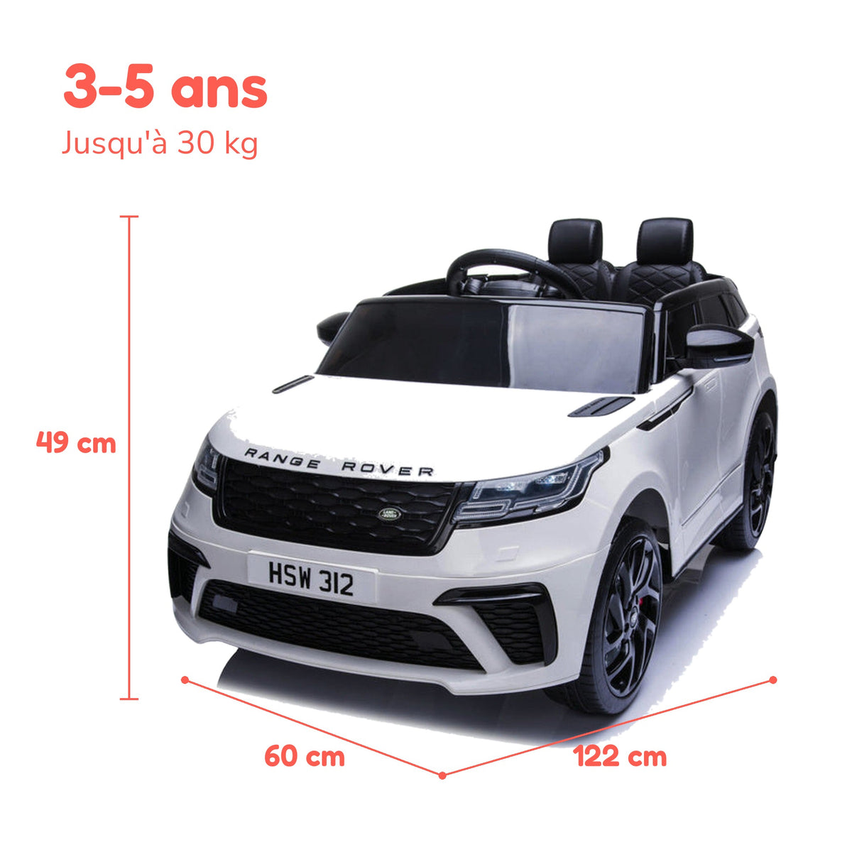 Dimensions du Range Rover Velar enfant : 122 × 60 × 49 cm, de 3 à 5 ans, jusqu'à 30 kg