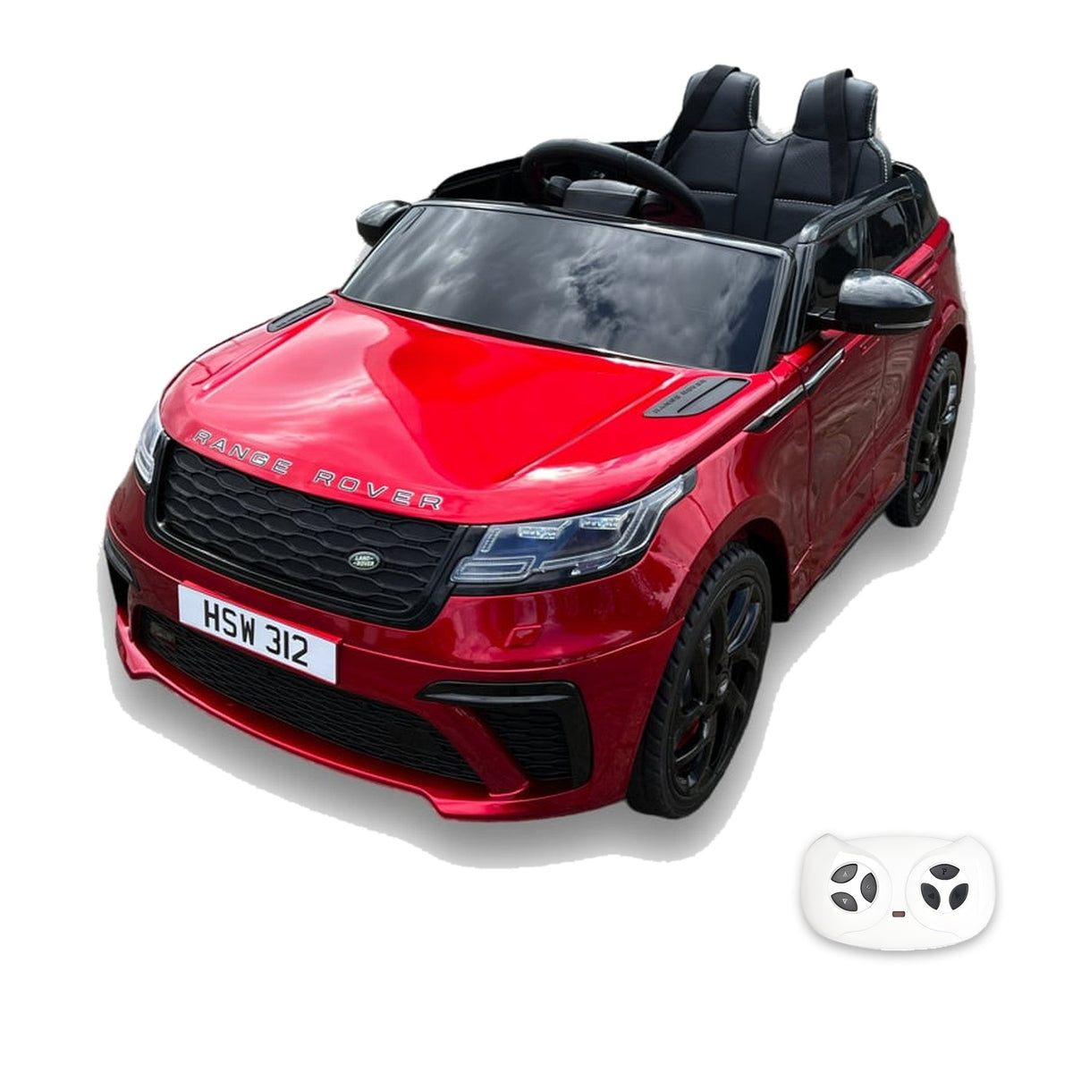 Range Rover Velar rouge, voiture électrique enfant 12V, vue trois quarts avant avec sa télécommande