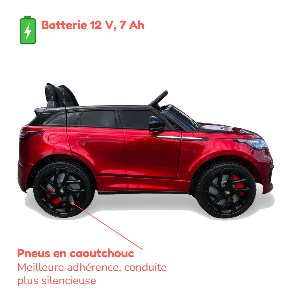 Batterie 12 V 7 Ah et pneus en caoutchouc du Range Rover Velar enfant