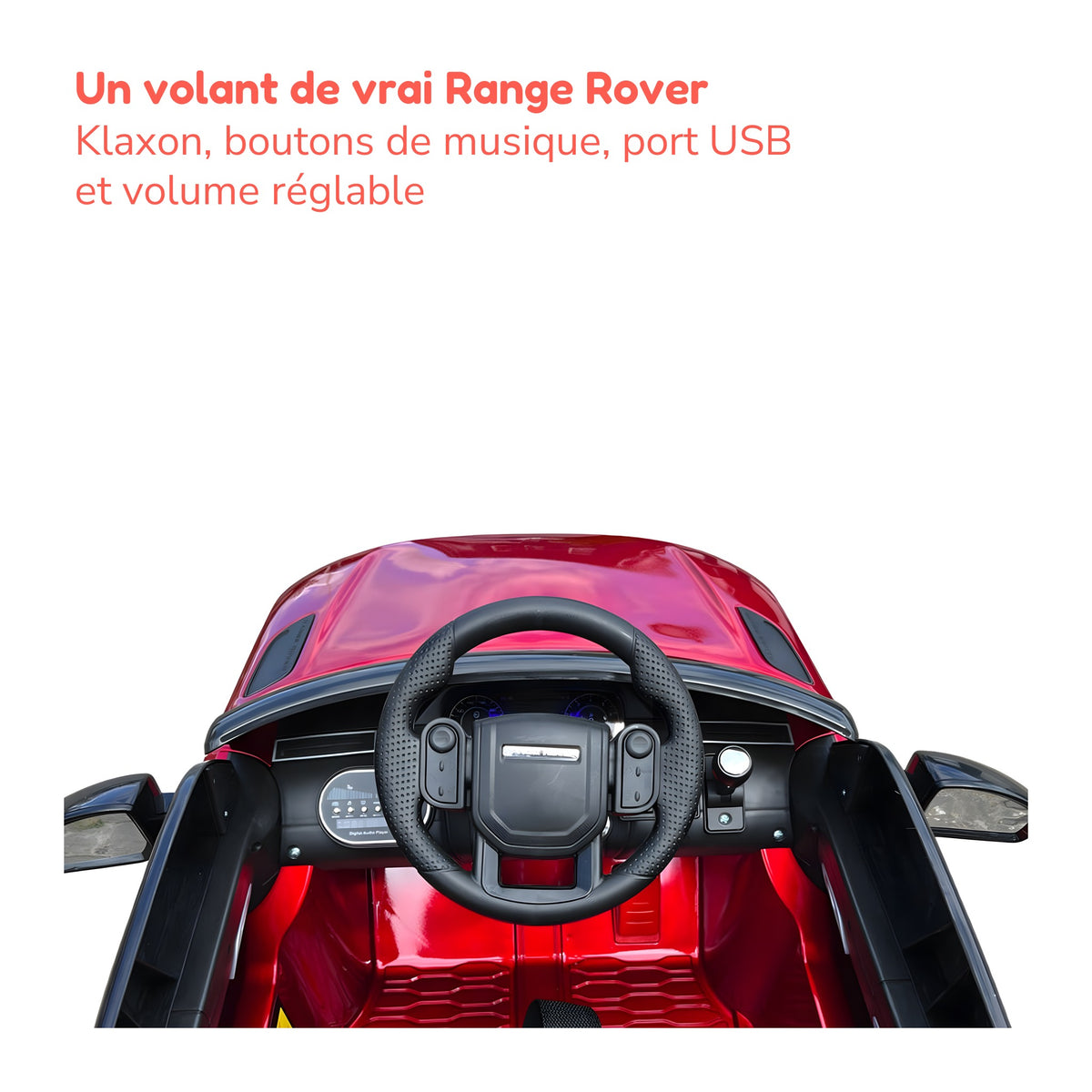 Volant du Range Rover Velar enfant avec klaxon, boutons de musique et port USB