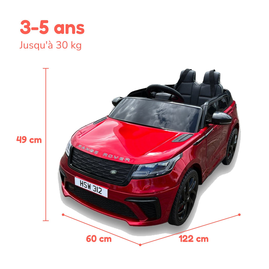 Dimensions du Range Rover Velar enfant : 122 × 60 × 49 cm, de 3 à 5 ans, jusqu'à 30 kg