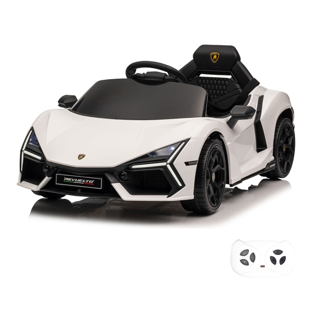 Lamborghini Revuelto blanche, voiture électrique enfant, avec sa télécommande