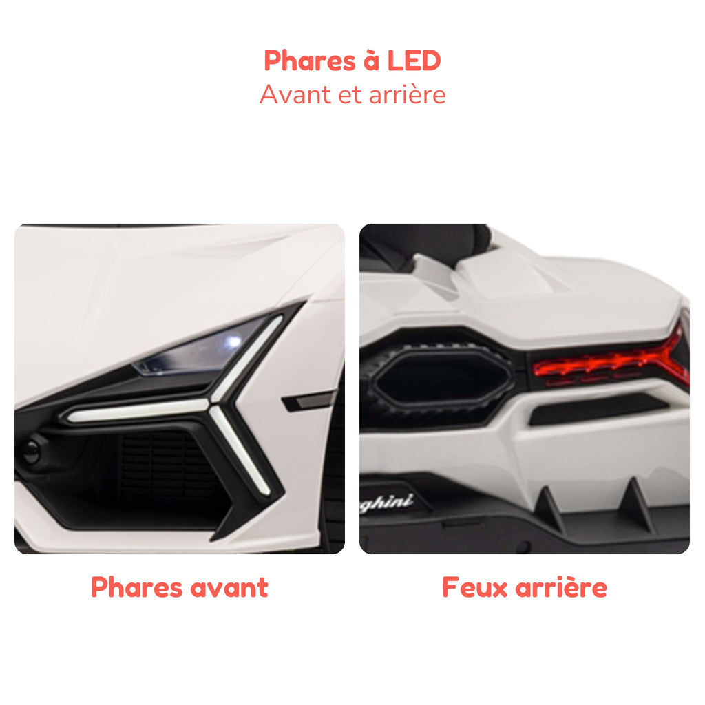 Phares à LED avant et arrière de la Lamborghini Revuelto enfant blanche
