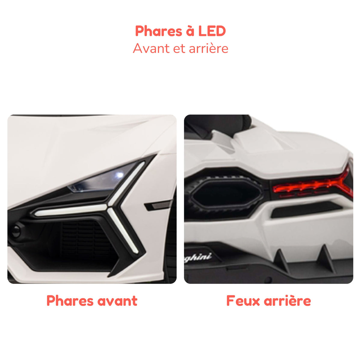 Phares à LED avant et arrière de la Lamborghini Revuelto enfant blanche