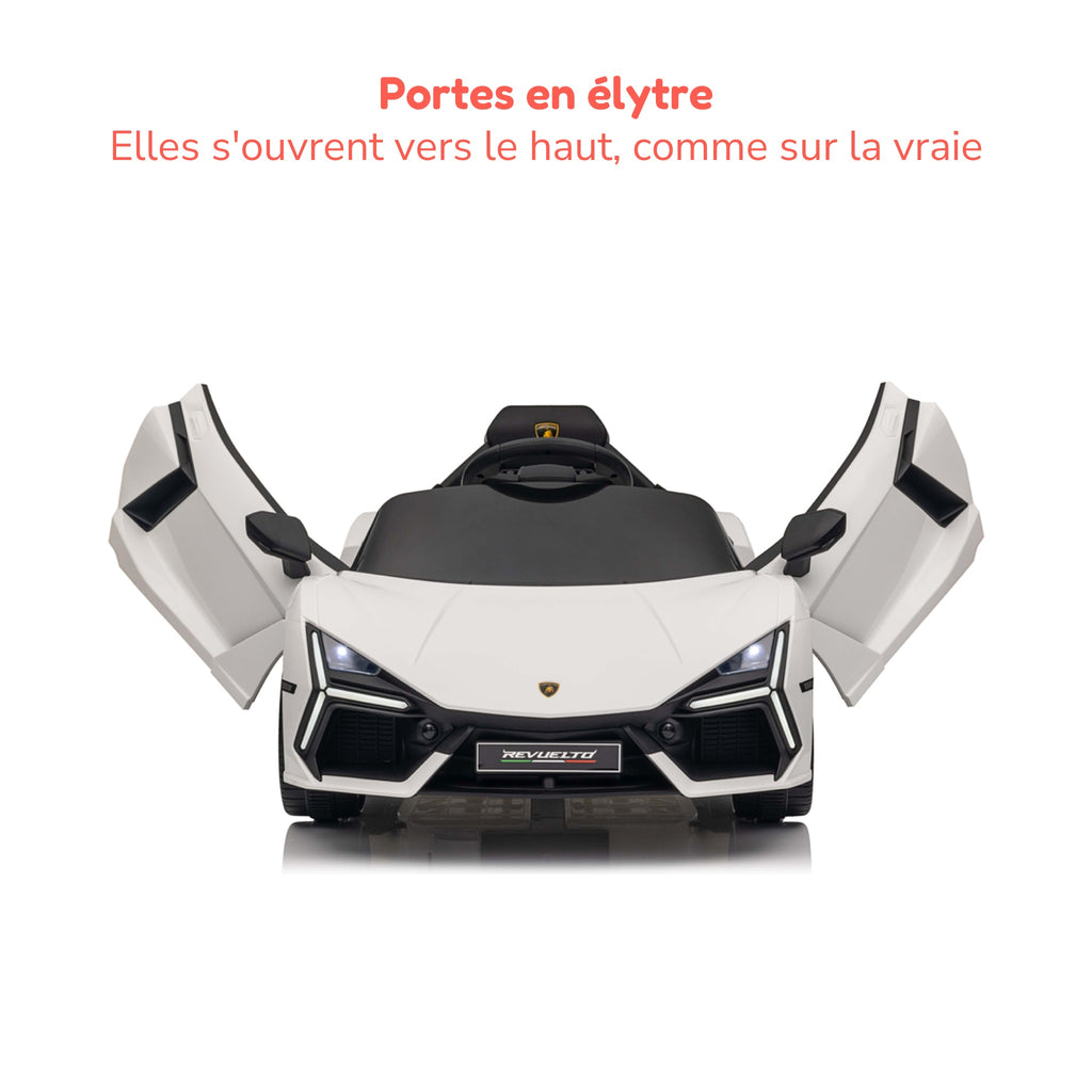 Lamborghini Revuelto blanche enfant, portes en élytre ouvertes