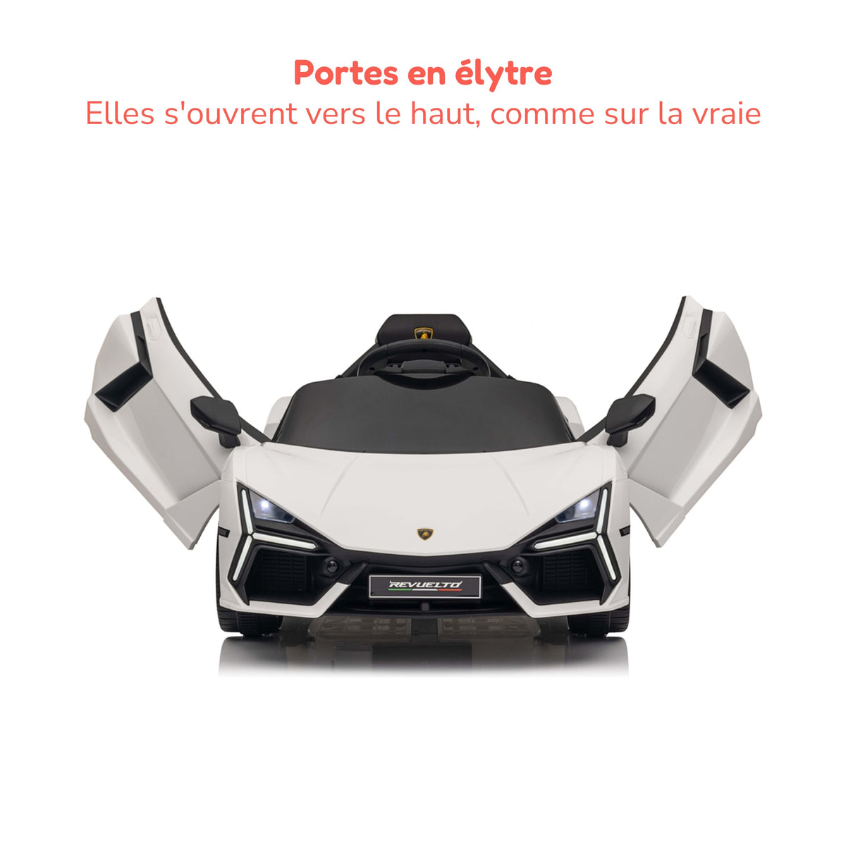 Lamborghini Revuelto blanche enfant, portes en élytre ouvertes