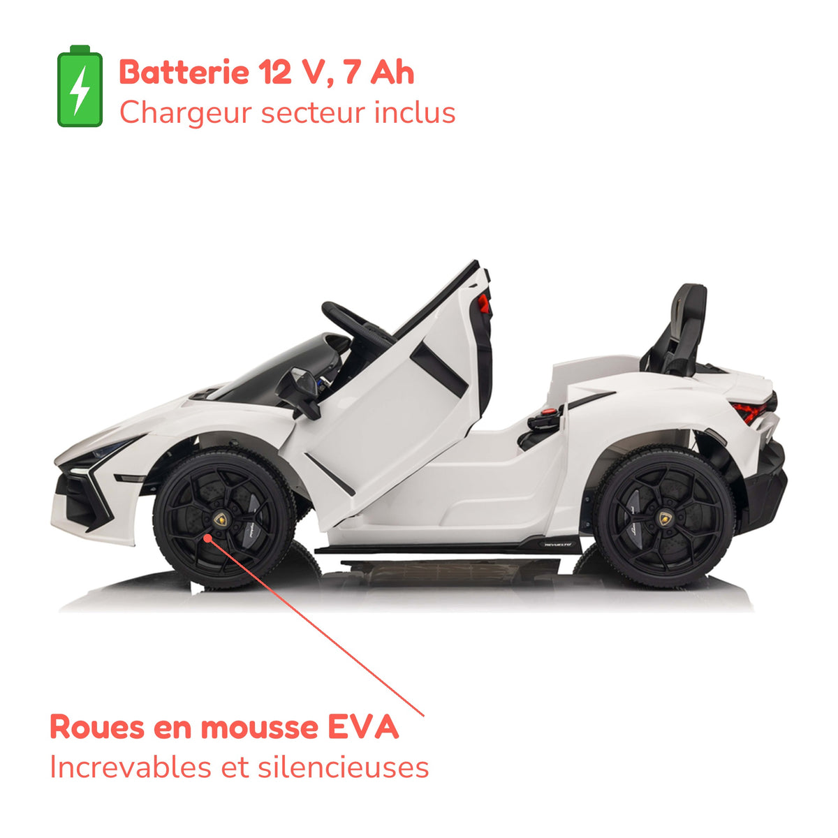 Batterie et roues en mousse EVA de la Lamborghini Revuelto enfant blanche