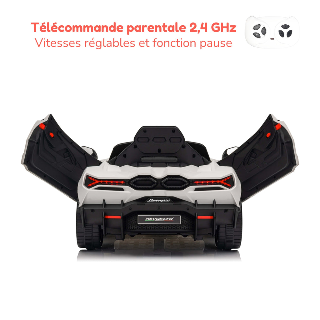 Télécommande parentale 2,4 GHz de la Lamborghini Revuelto enfant, vitesses réglables et fonction pause