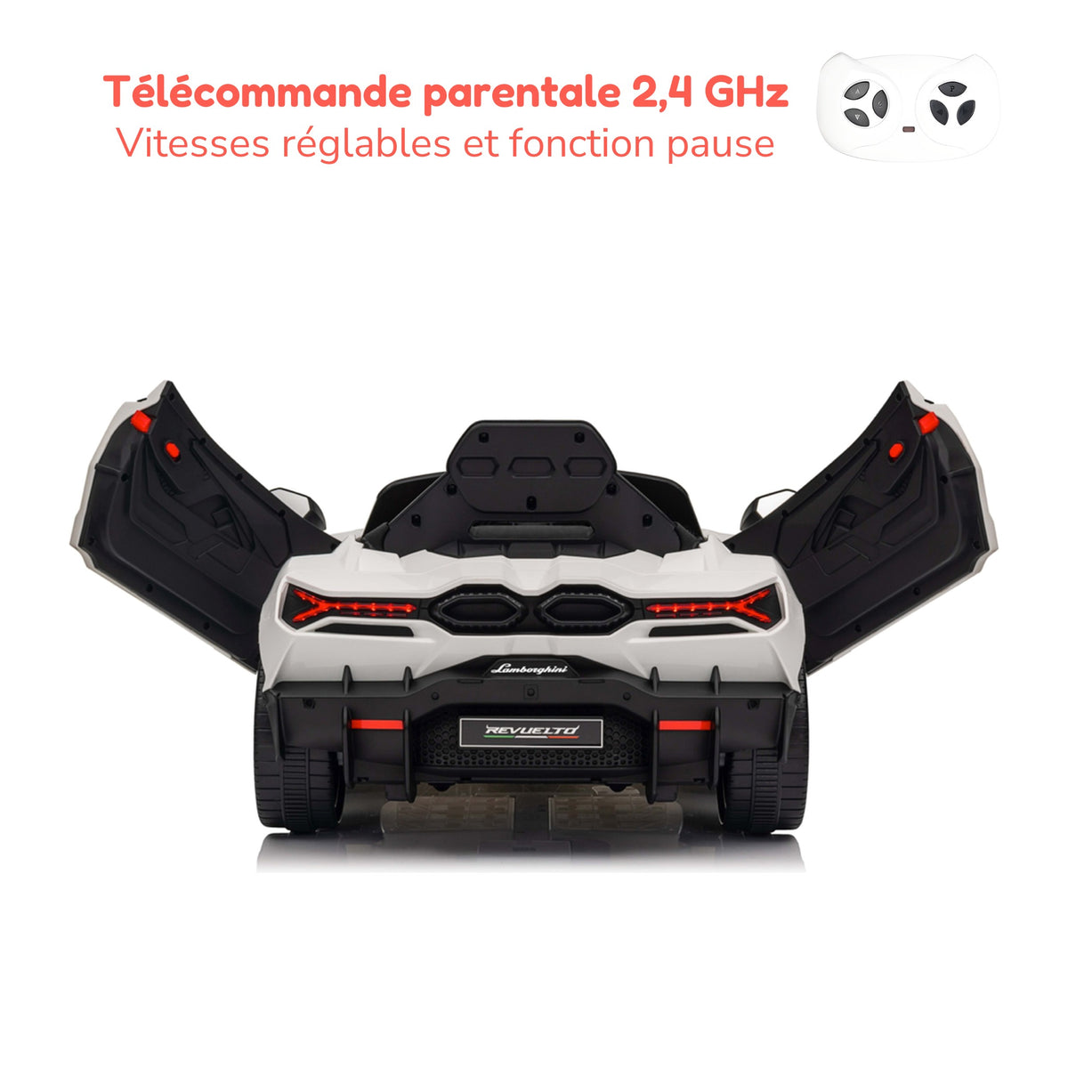 Télécommande parentale 2,4 GHz de la Lamborghini Revuelto enfant, vitesses réglables et fonction pause