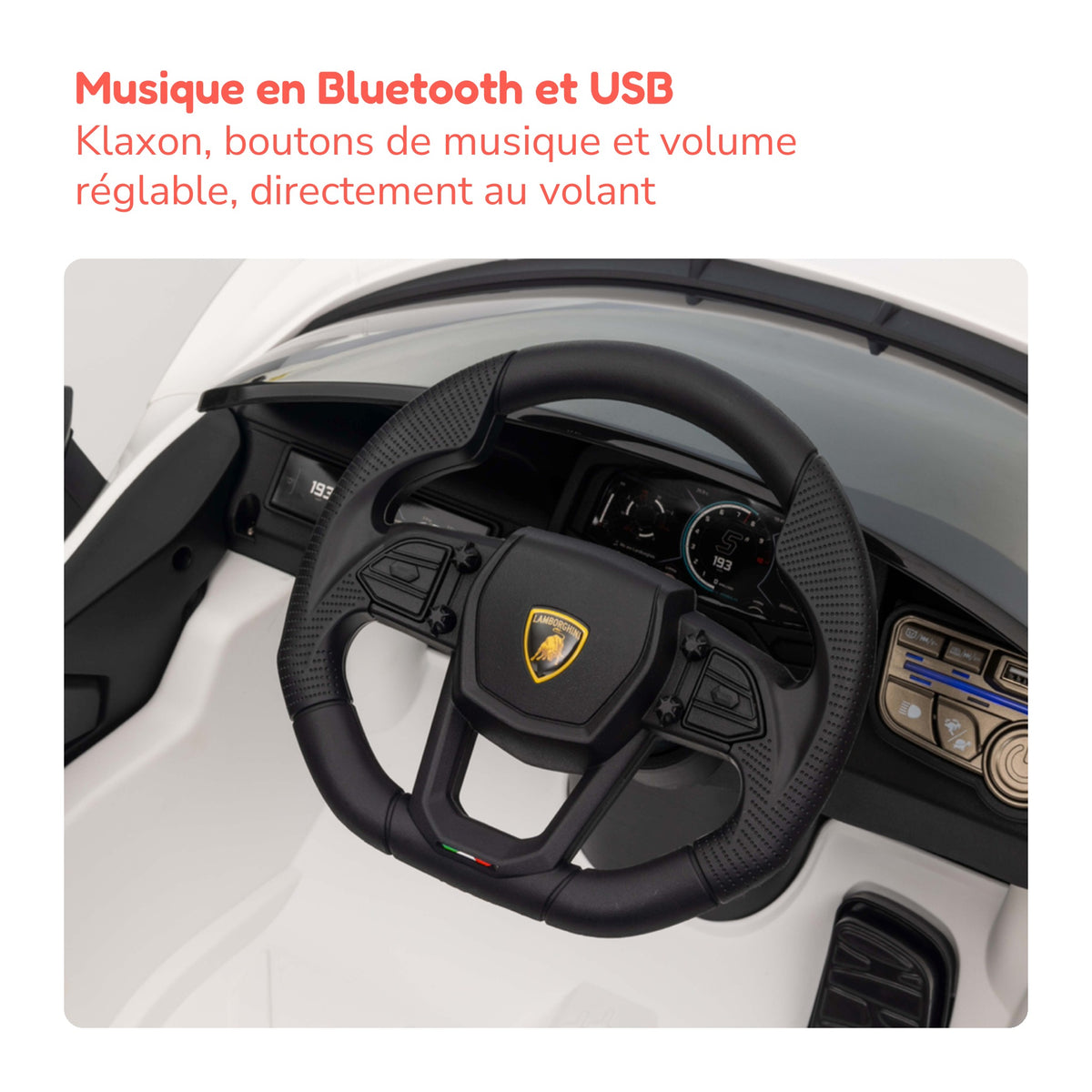 Musique et boutons au volant de la Lamborghini Revuelto enfant
