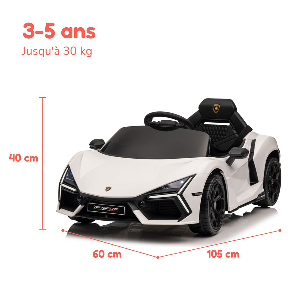 Dimensions de la Lamborghini Revuelto enfant, âge et charge maximale