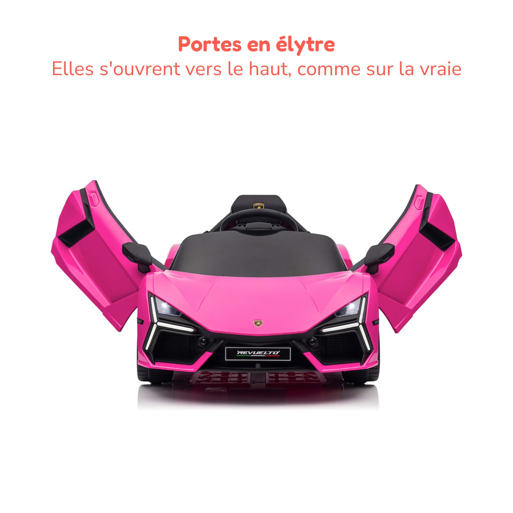 Lamborghini Revuelto rose enfant, portes en élytre ouvertes