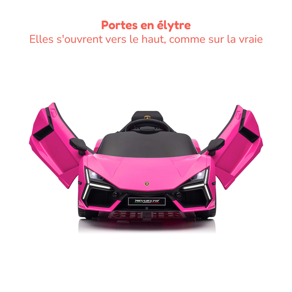Lamborghini Revuelto rose enfant, portes en élytre ouvertes