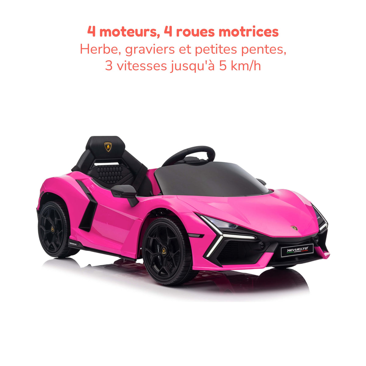 Lamborghini Revuelto rose enfant, 4 moteurs et 4 roues motrices