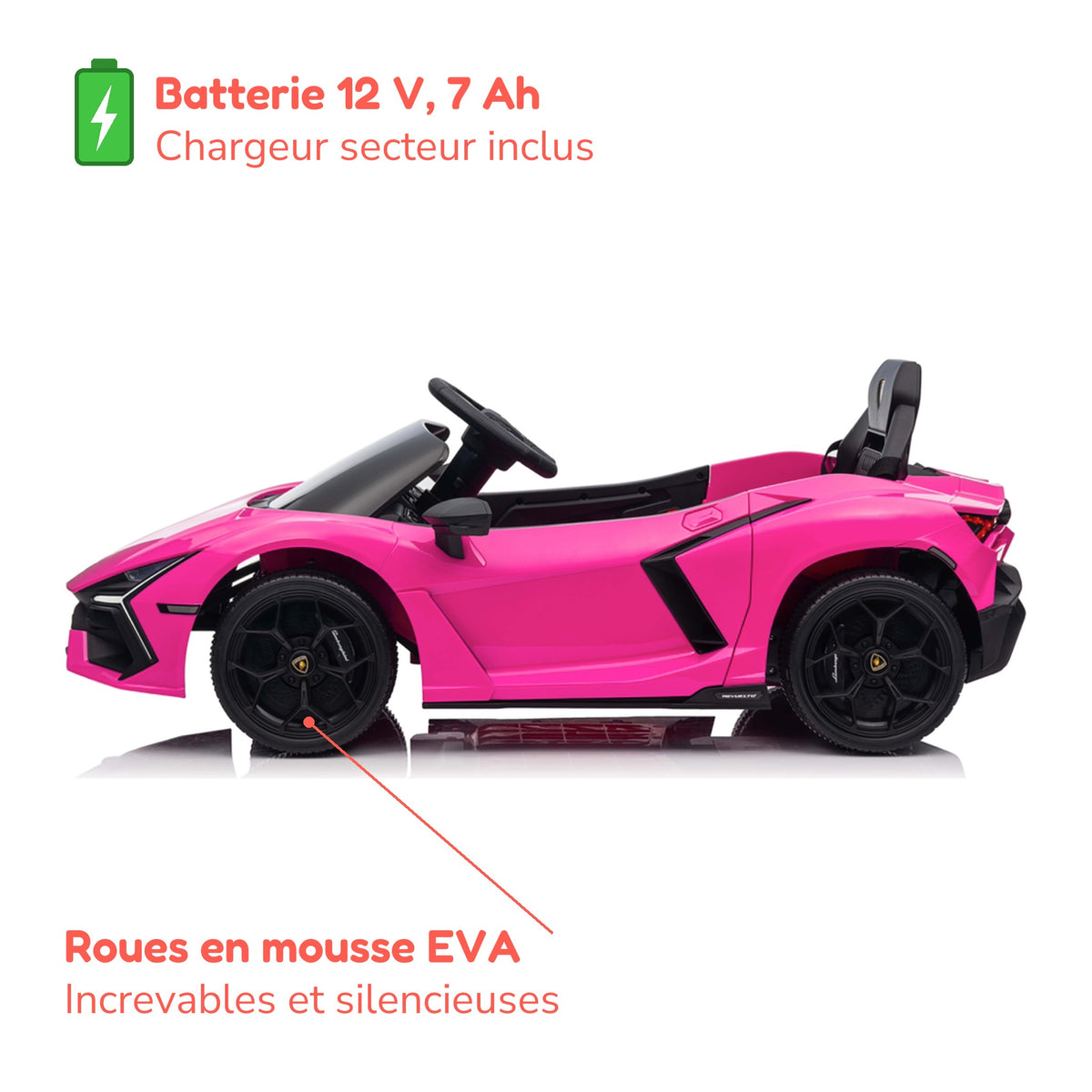Batterie et roues en mousse EVA de la Lamborghini Revuelto enfant rose