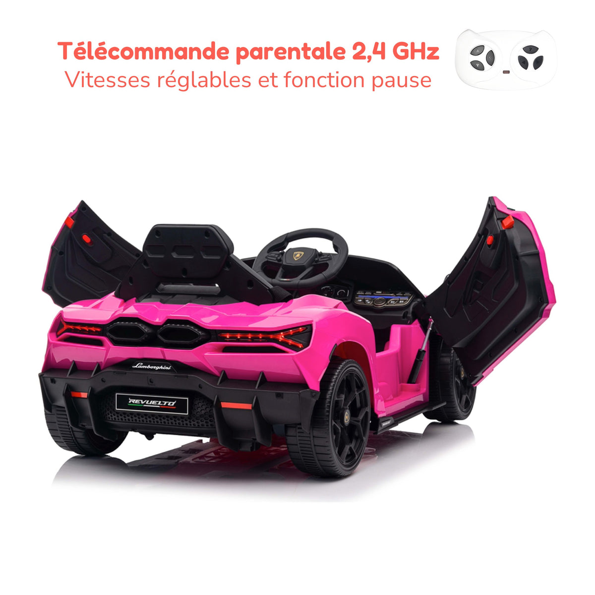 Télécommande parentale 2,4 GHz de la Lamborghini Revuelto enfant, vitesses réglables et fonction pause