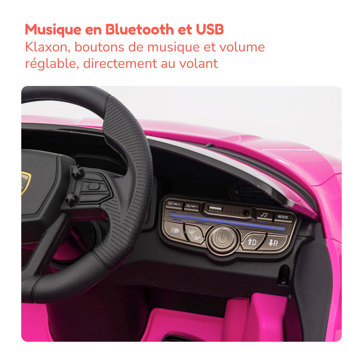 Musique et boutons au volant de la Lamborghini Revuelto enfant