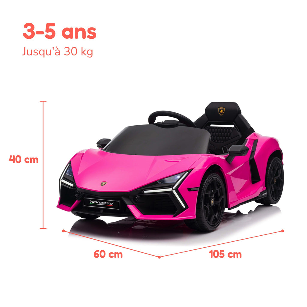 Dimensions de la Lamborghini Revuelto enfant, âge et charge maximale
