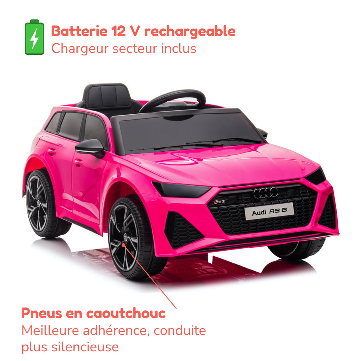 Batterie et pneus en caoutchouc de la Audi RS6 enfant rose