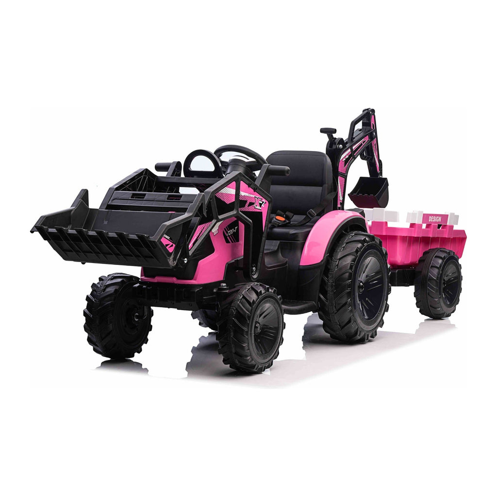 Tractopelle electrique enfant rose - vue trois quarts avant