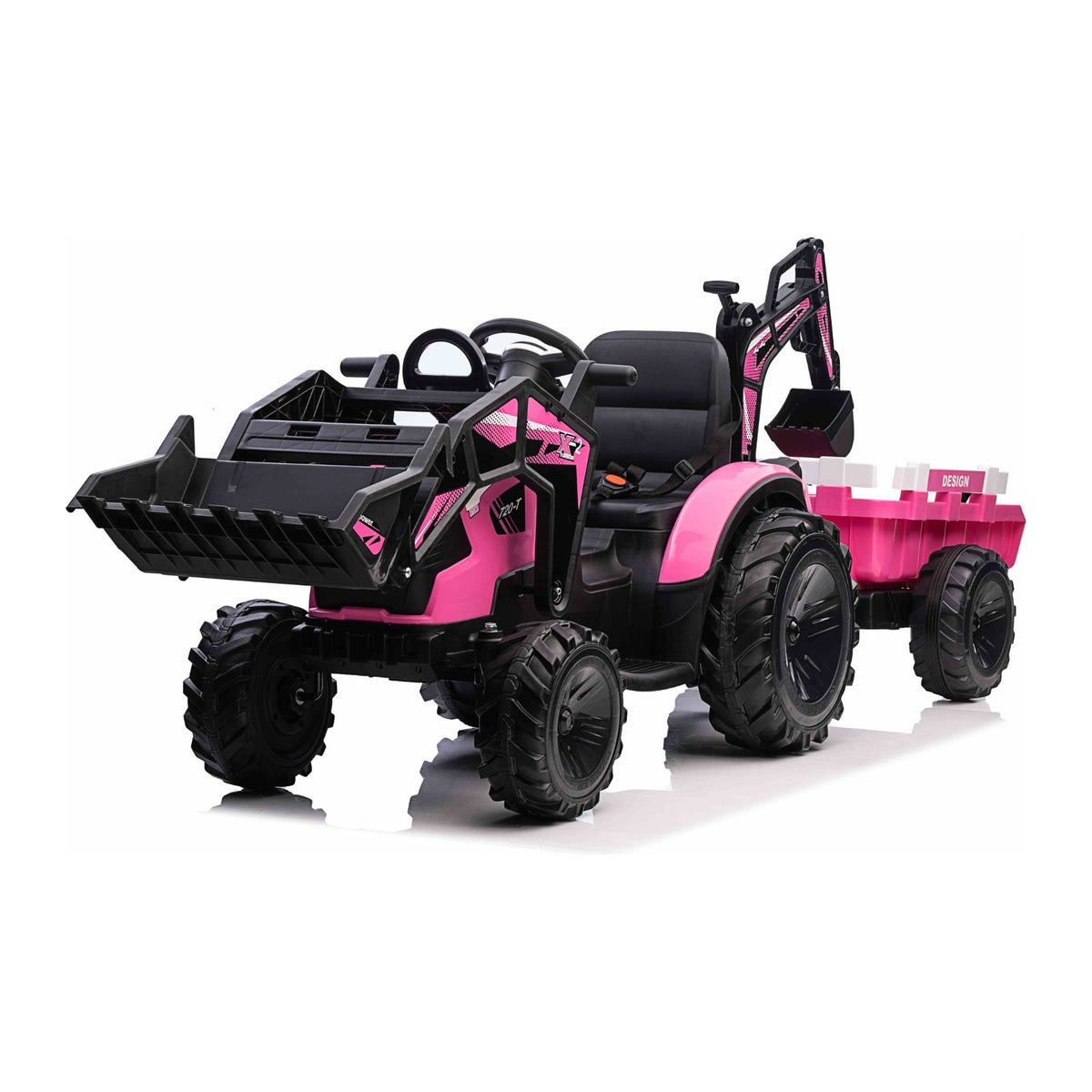 Tractopelle electrique enfant rose - vue trois quarts avant