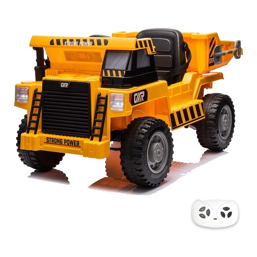Véhicule de chantier jaune avec benne, électrique enfant 12V 4x4, vue trois quarts avant avec sa télécommande