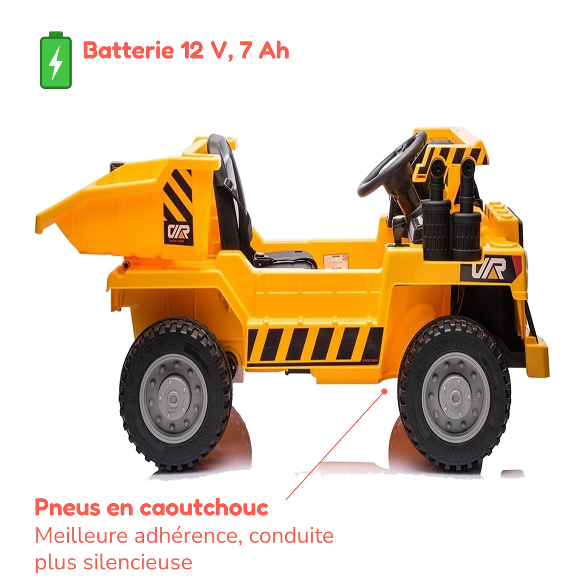Batterie 12 V 7 Ah et pneus en caoutchouc du véhicule de chantier enfant