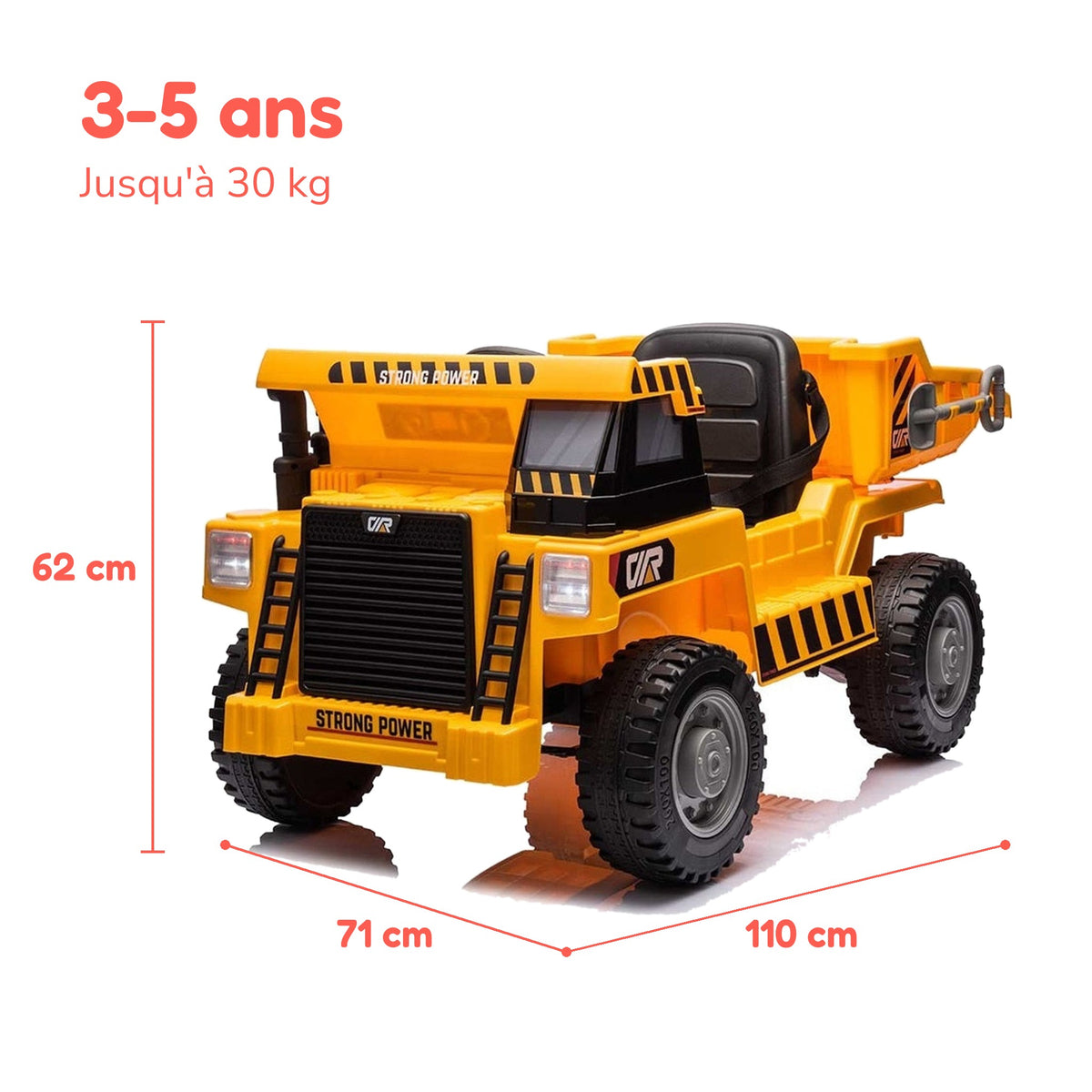 Dimensions du véhicule de chantier enfant : 110 × 71 × 62 cm, de 3 à 5 ans, jusqu'à 30 kg